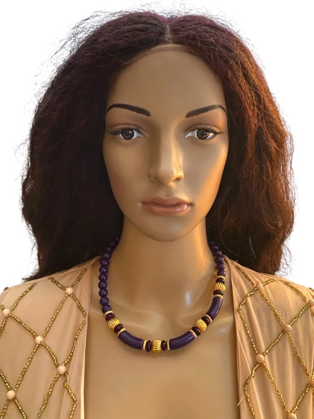 Vintage Trifari TM purple lucite and goldtone beads necklace
